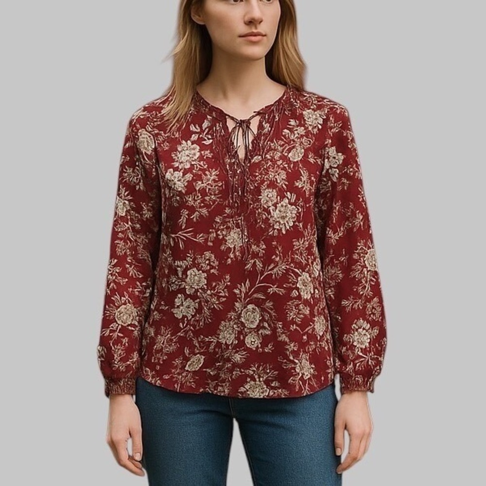 LOFT Red Ruffled‎ Long Sleeve Blouse